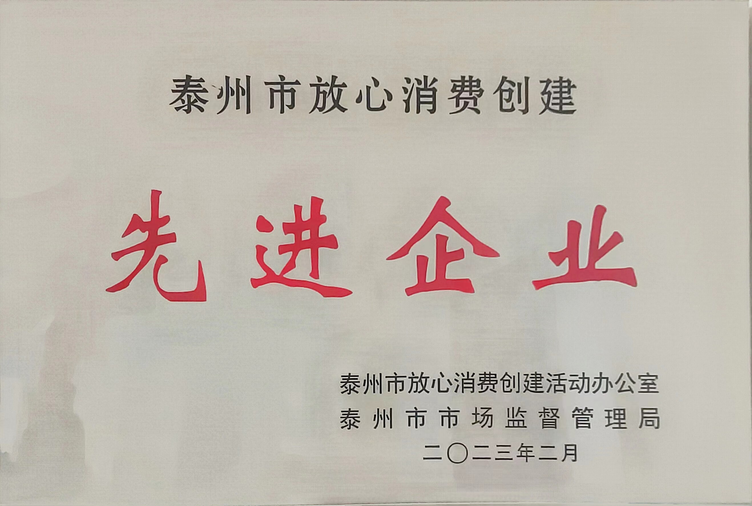泰州市放心消费创建先进企业